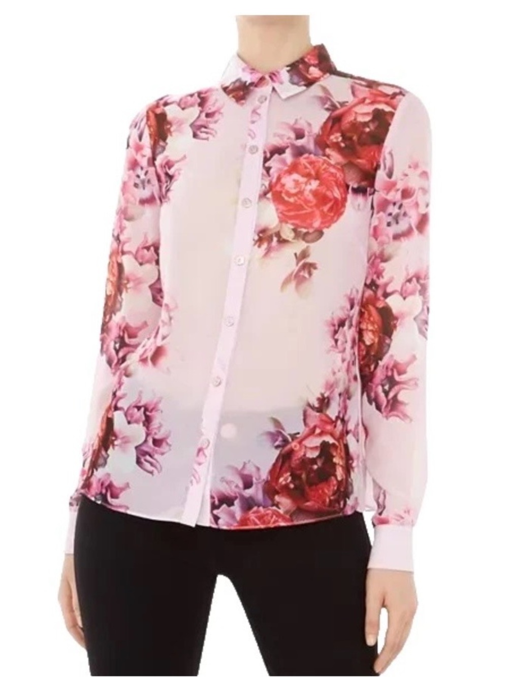 Ted BAKER London Mmarta Splendor LOVELY Print Shirt SEMI Sheer Pink Size 4/LARGE